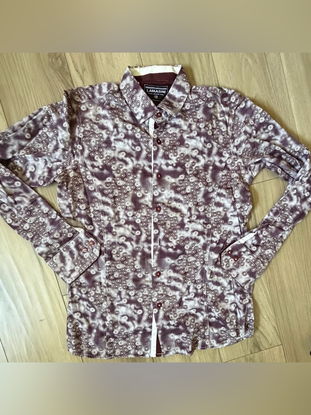 Lamasini-Mens Long Sleeve-Button Down Maroon Shirt S Slim Fit Geometric